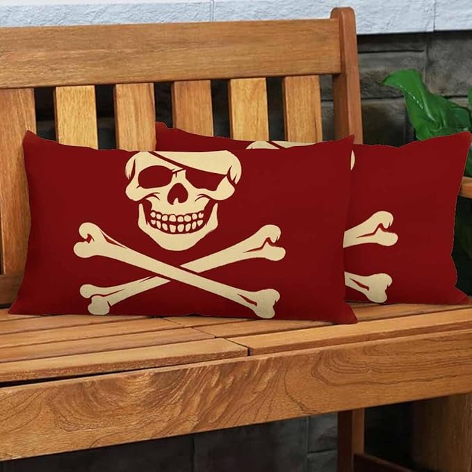 EKOBLA Red Skull Rectangle Pillow Covers One Eyed Creepy Pirate Skeleton Crossbones Retro Smile Rustic Waist Rectangle Throw Pillow Case Cotton Linen for Men Women Sofa Home Decoration 12x20 Inches