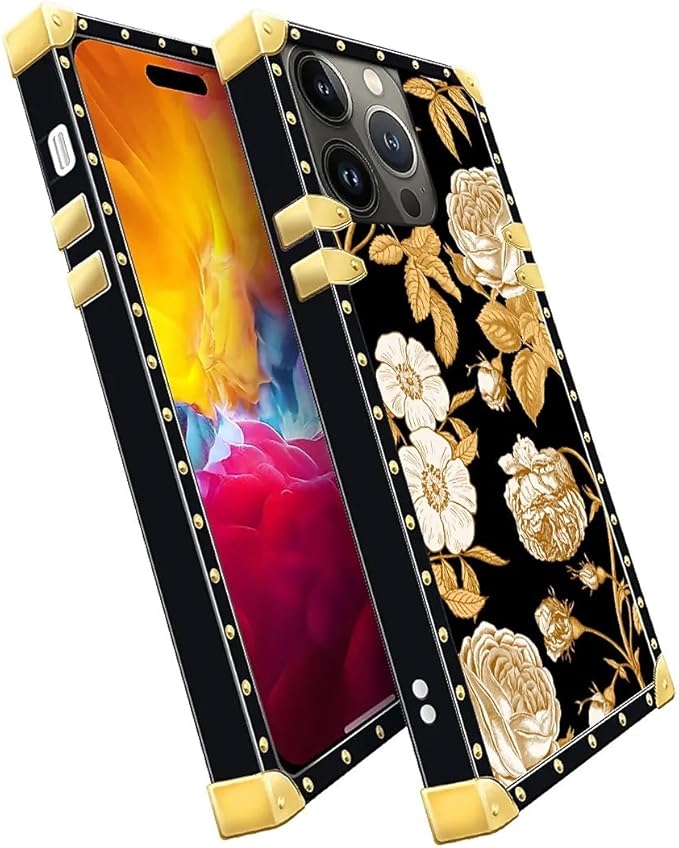 Compatible with iPhone 15 Pro Max Case, Blooming Rose Golden Flower Luxury Golden Decoration for Girl Women Soft TPU Shockproof Protective Hard PC Back for iPhone 15 Pro Max