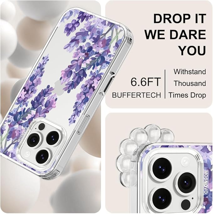 MOSNOVO Case for iPhone 16 Pro, [Buffertech 6.6ft Military-Grade Drop Protection] [Anti Peel Off Tech] Clear TPU Bumper Phone Case Cover Design - Lavender