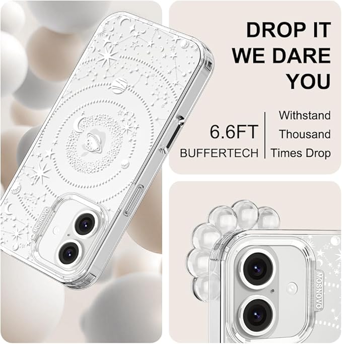 MOSNOVO Case for iPhone 16, [Buffertech 6.6ft Military-Grade Drop Protection] [Anti Peel Off Tech] Clear TPU Bumper Phone Case Cover Design - Galaxy