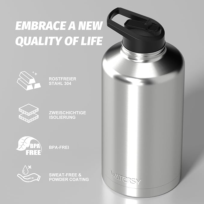 87oz Insulated Water Bottle (Cold for 48 Hrs),BPA Free&Leak Proof,1.5 Gallon Stainless Steel Water Flask,Water Jug with Straw Spout Lids for Gym,Hiking,Camping,Stainless