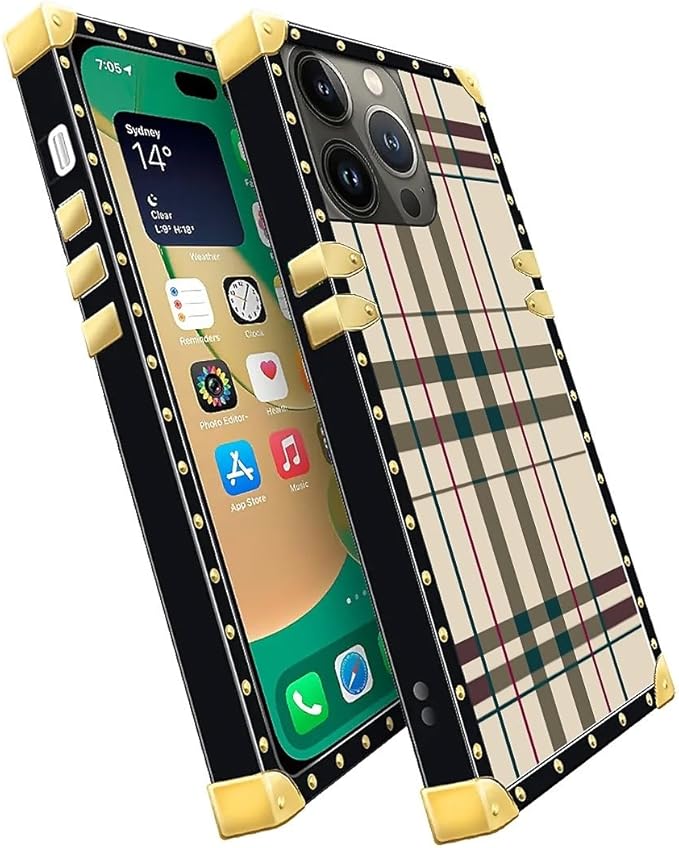 Compatible with iPhone 14 Pro Case, Black Red Beige Stripes Luxury Golden Decoration for Girl Women Soft TPU Shockproof Protective Hard PC Back for iPhone 14 Pro