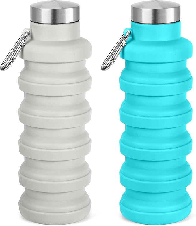 Collapsible Water Bottle, 16oz Portable Reusable Silicone Water Bottle, BPA-Free Leak-Proof Foldable Design with Carabiner, Lightweight Durable for Gym, Travel, Camping, Hiking, Sports(Blue+Gray)