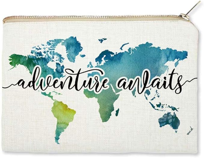Travel Bag Adventure Awaits Makeup Case Cosmetic Bag Nature Linen World Map Makeup Bag Great Gift for Travel