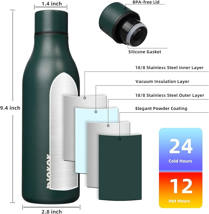 BJPKPK Insulated Water Bottles, 18 oz Stainless Steel Metal Water Bottle with Strap, BPA Free Leak Proof Jugs, Mugs, Flasks, Reusable Thermal Flasks for Sports & Travel, Army Green