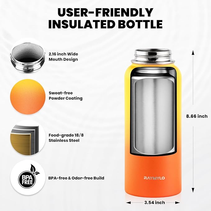 RAYMYLO Insulated Water Bottle 32 oz, Triple Wall Vacuum Stainless Steel (Cold for 24Hrs, Hot for 12Hrs), Leak Proof & Non-BPA, Modern Water Flask Jug with Paracord Handle & Straw Spout Lids