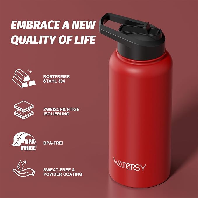 32oz Insulated Water Bottle (Cold for 48 Hrs),BPA Free&Leak Proof,Stainless Steel Water Flask,Water Jug with Straw Spout Lids for Gym,Hiking,Travel,Red