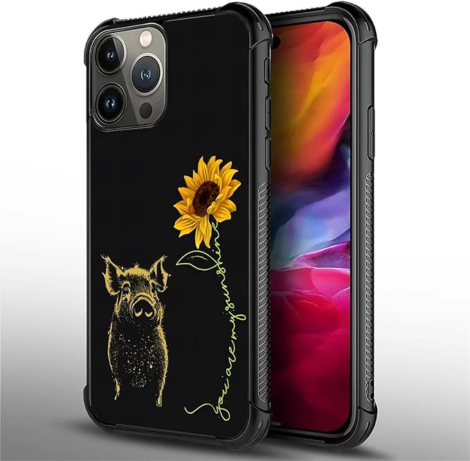 for iPhone 15 Pro Max Case, Pig Sunflower Yellow Sunshine Pattern Graphic Design Girl Boy Soft Silicone Hard Acrylic Shock Protection for iPhone 15 Pro Max