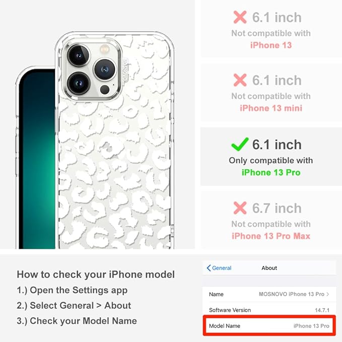 MOSNOVO Case for iPhone 13 Pro, [Buffertech 6.6ft Military-Grade Drop Protection] [Anti Peel Off Tech] Clear TPU Bumper Phone Case Cover Design - White Leopard Print