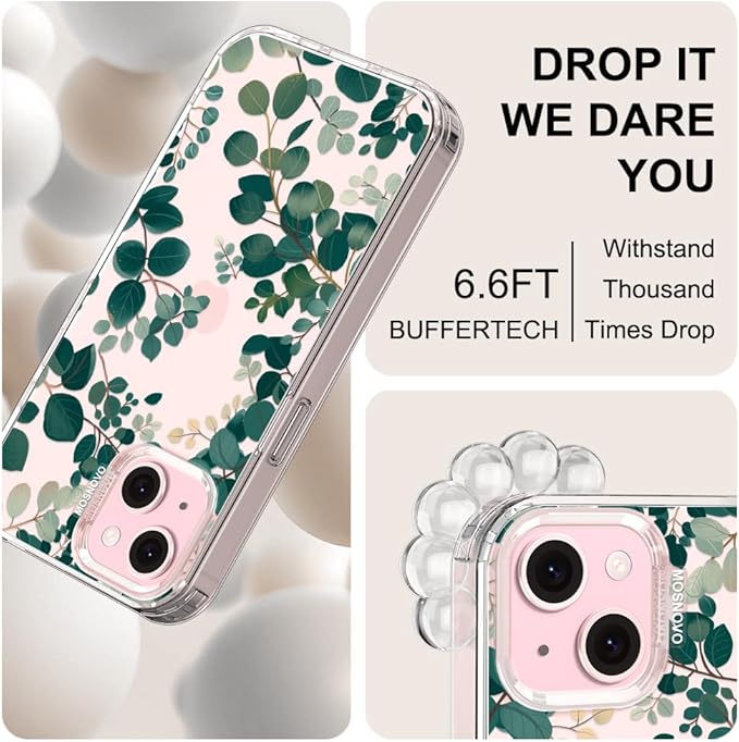 MOSNOVO Case for iPhone 15, [Buffertech 6.6ft Military-Grade Drop Protection] [Anti Peel Off Tech] Clear TPU Bumper Phone Case Cover Design - Eucalyptus