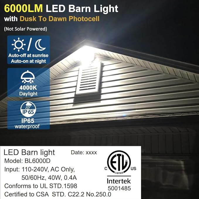 Owleye 6000LM Dusk to Dawn Outdoor Lighting LED Barn Light Security Lights, 42W 4000K Daylight, AC 120-240V, ETL Listed, Waterproof Outside Lights for Yard Warehouse Garage （2pack）