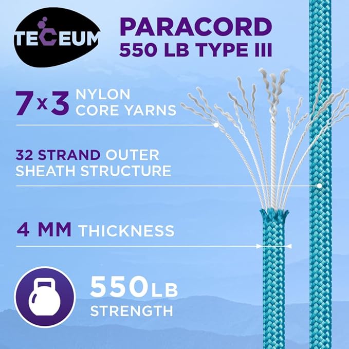 TECEUM Reflective Paracord Rope 1000 – 1000ft/200ft/100ft/50ft – 40+ Colors – Glow in The Dark – para Cord – Utility Rope for Survival, Hunting & Camping Gear – Nylon String, Camping Rope, Tent Cord