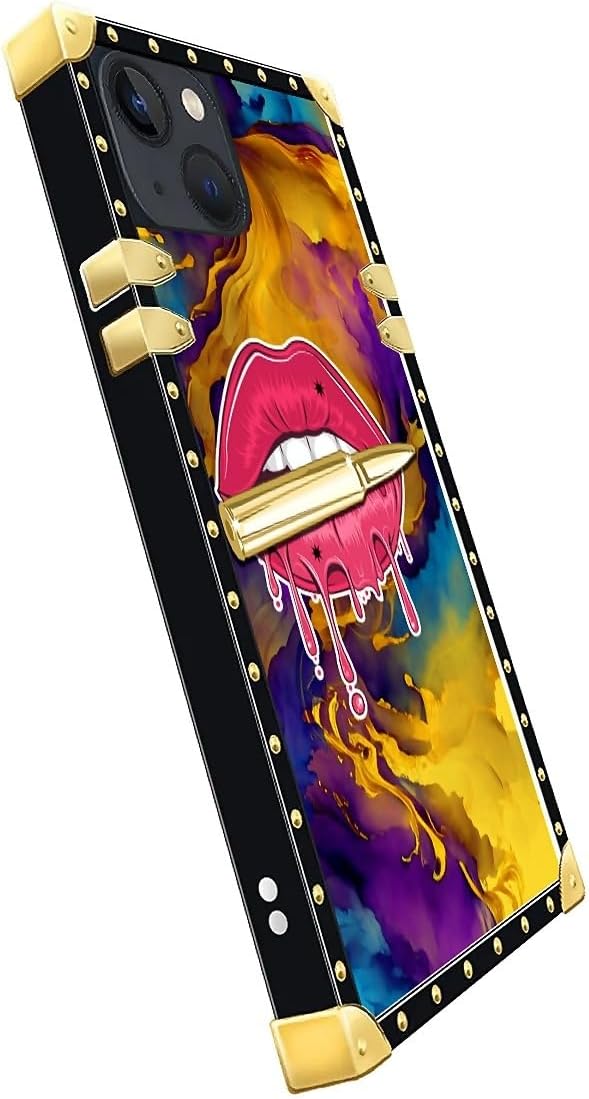 Compatible with iPhone 13 Case, Cool Corlorful Lip Marble Luxury Golden Decoration for Girl Women Soft TPU Shockproof Protective Hard PC Back for iPhone 13