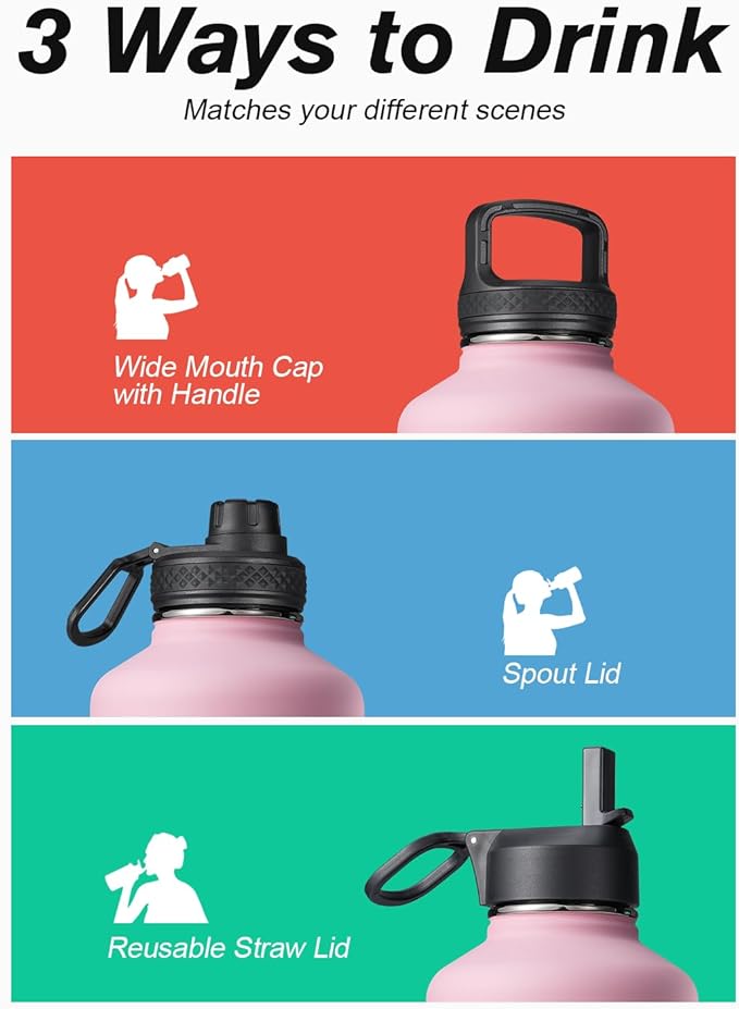 Water Bottle Insulated 64 oz with Straw & 3 Lids, Coolflask Half Gallon Water Jug Large Metal Stainless Steel Wide Mouth, Non-BPA Keep Cold 48H Hot 24H, Bubblegum Princess