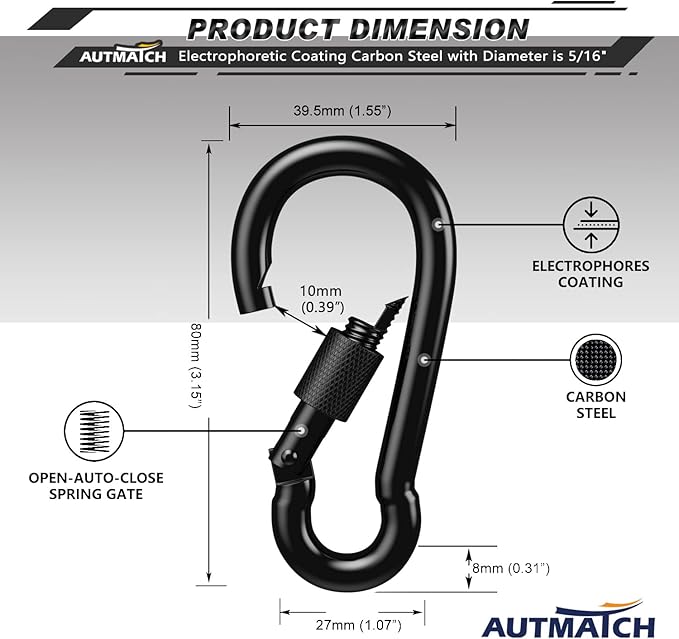 AUTMATCH Carabiner Clips, 3" Spring Snap Hook Caribeener Clips Buckle Heavy Duty Locking Carabiners Chain Quick Links, 4 Pack