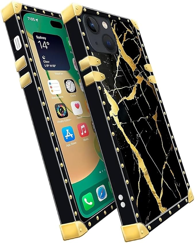 Compatible with iPhone 14 Case, Black Gold Marble Nature Luxury Golden Decoration for Girl Women Soft TPU Shockproof Protective Hard PC Back for iPhone 14