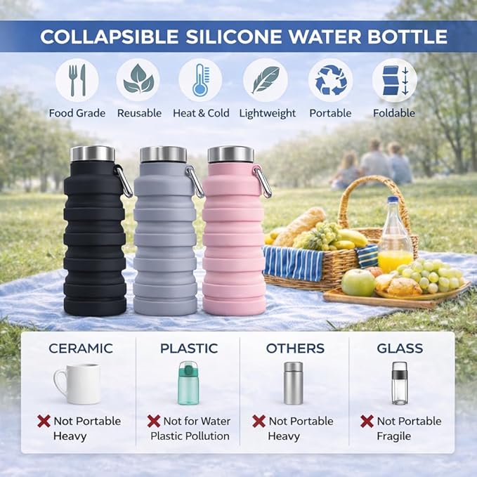 Collapsible Water Bottles,16oz Capacity Portable Reusable Silicone Water Bottle,Leak-proof,with buckle,foldable storage,Lightweight Durable for Fitness,Cycling,Sports,Camping,Hiking (Green)