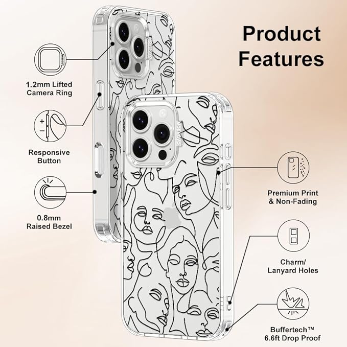 MOSNOVO Case for iPhone 16 Pro Max, [Buffertech 6.6ft Military-Grade Drop Protection] [Anti Peel Off Tech] Clear TPU Bumper Phone Case Cover Design - Abstract Face Line Art