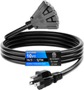 10 FT 3 Outlet Outdoor Extension Cord Waterproof, 16/3 SJTW Black Extension Cord with Multiple Outlets, Heavy Duty 16 Gauge 3-Prong Grounded Power Cable for Garden and Home Use, ETL Listed