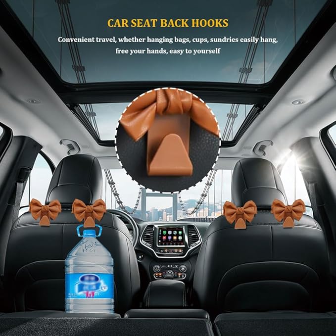 2PCS Car Hooks for Purses and Bags, Cute Bow Car Seat Headrest Hook, Car Accessories Multipurpose Back Seat Hanger Storage Organize Universal for Vehicles (2PCS-Brown Bowknot)