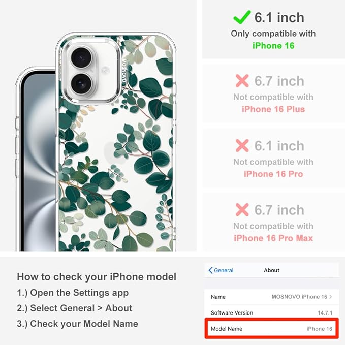 MOSNOVO Case for iPhone 16, [Buffertech 6.6ft Military-Grade Drop Protection] [Anti Peel Off Tech] Clear TPU Bumper Phone Case Cover Design - Eucalyptus