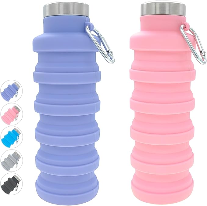 YCT Collapsible Water Bottle 17oz（500ml），Travel Portable Sport Water Bottle，Reusable Silicone Foldable Water Bottles for Gym Camping Hiking (Purple+Pink)