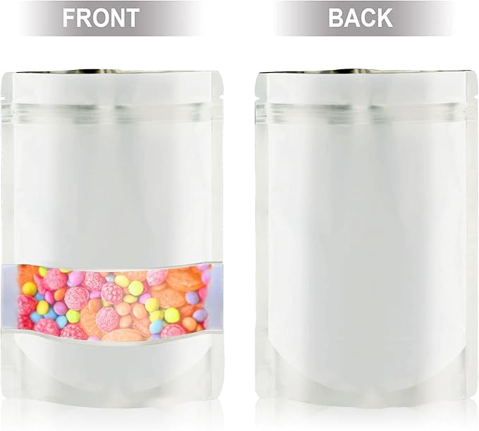 5.5"x7.8" 120pcs Mylar Bags for Food Storage,Smell Proof Bag with Matte Window Resealable Food Storage Bags for Small Business, Stand-up Foil Pouch Packaging Freeze Dried Candy Bag（White）