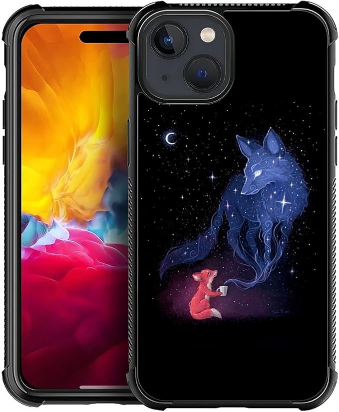 for iPhone 15 Case, Galaxy Fox Wolf Pattern Graphic Design Girl Boy Soft Silicone Hard Acrylic Shock Protection for iPhone 15