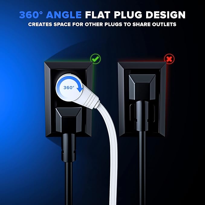 Maximm Cable 8 Ft 360° Rotating Flat Plug Extension Cord, 16/3 AWG Multi 3 Outlet 3-Prong Grounded Wire- White - UL Certified