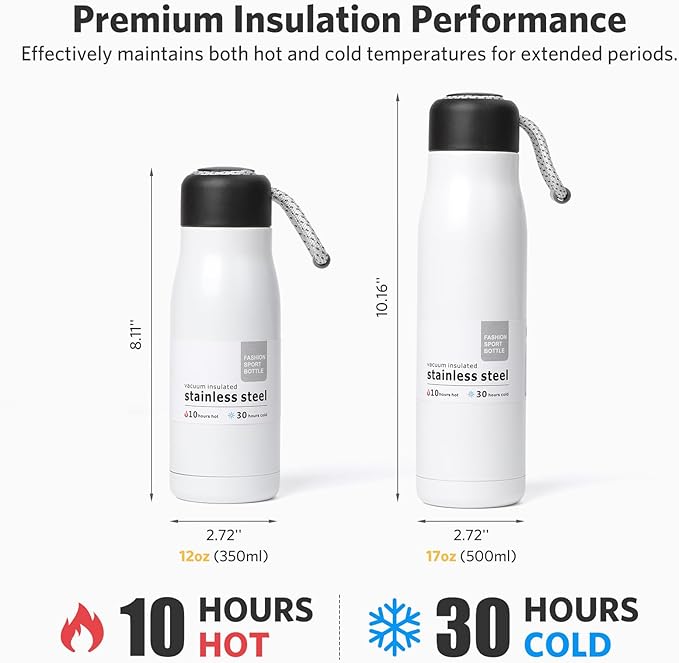 Water Bottle with Portable Lid Metal Vacuum Insulated Stainless Steel | Reusable Leak Proof Flask | 17oz, Ice White