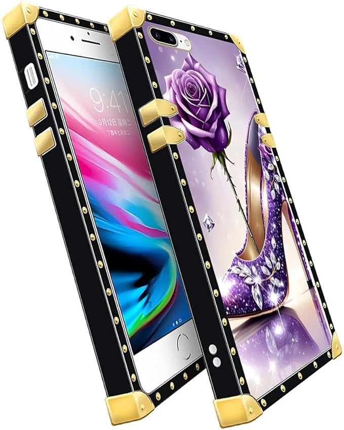 Compatible with iPhone 8 7 SE Case, High Heeled Purple Diamond Rose Luxury Golden Decoration for Girl Women Soft TPU Shockproof Protective Hard PC Back for iPhone 8 7 SE