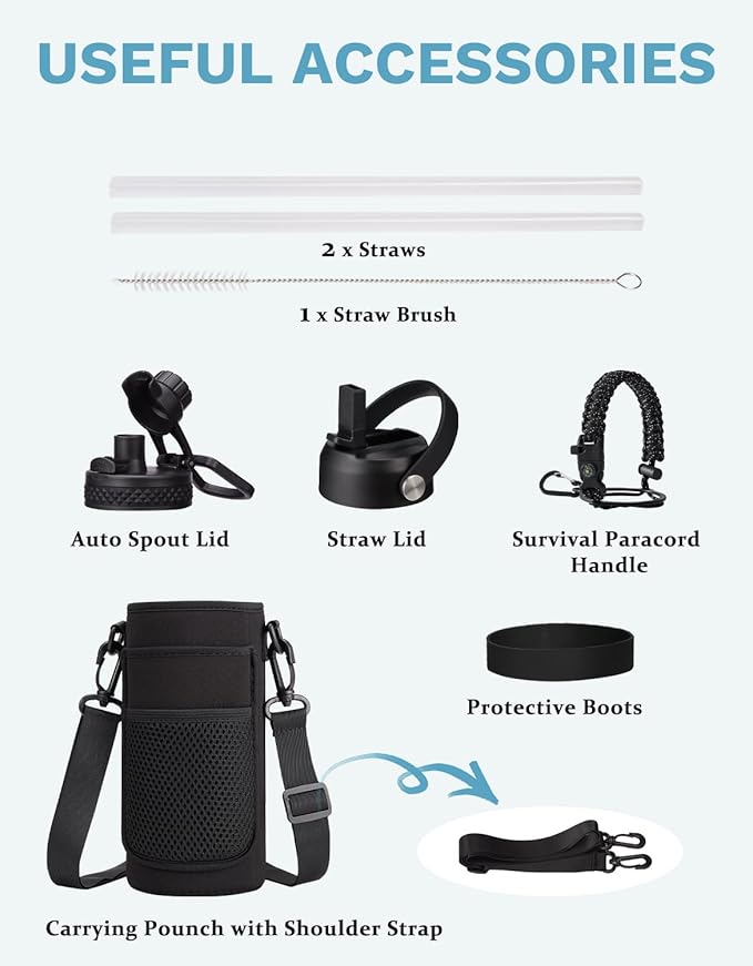 BENZZO 32oz Insulated Water Bottle with Straw & Spout Lids, Paracord Handle, Bottle Sleeve, Silicone Boot, Thermal Metal Jug Keep Cold 48H & Hot 24H, Hydro Bottle for Travel Work Camping
