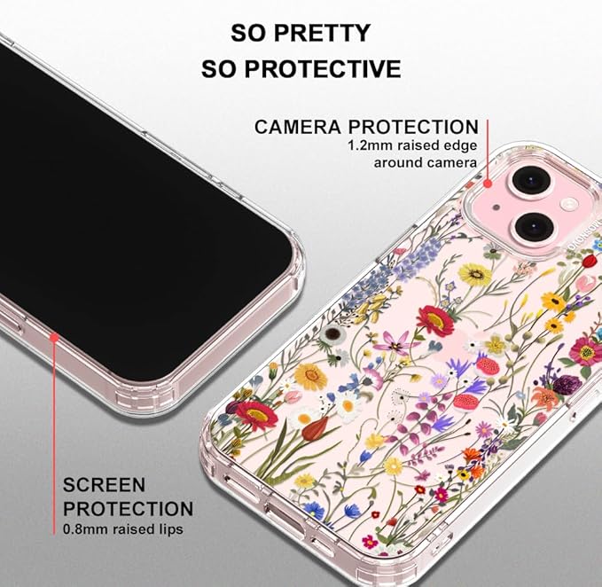 MOSNOVO Case for iPhone 15, [Buffertech 6.6ft Military-Grade Drop Protection] [Anti Peel Off Tech] Clear TPU Bumper Phone Case Cover Design - Wildflower Meadow