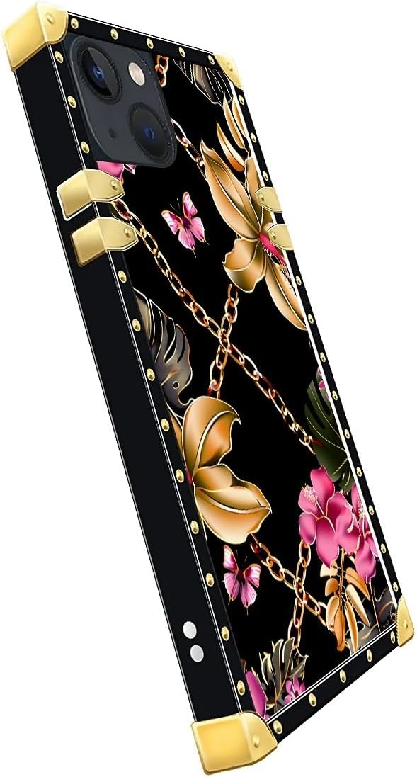 Compatible with iPhone 15 Case, Pink Golden Chain Tropical Flower Luxury Golden Decoration for Girl Women Soft TPU Shockproof Protective Hard PC Back for iPhone 15