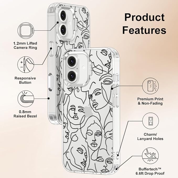 MOSNOVO Case for iPhone 16, [Buffertech 6.6ft Military-Grade Drop Protection] [Anti Peel Off Tech] Clear TPU Bumper Phone Case Cover Design - Abstract Face Line Art
