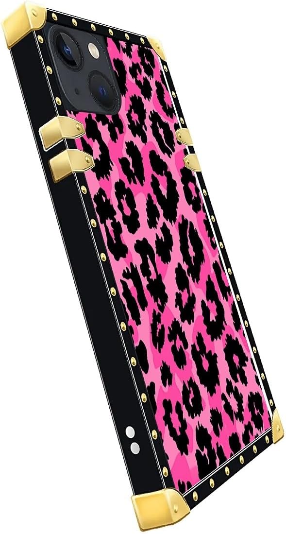 Compatible with iPhone 13 Case, Pink Black Leopard Luxury Golden Decoration for Girl Women Soft TPU Shockproof Protective Hard PC Back for iPhone 13