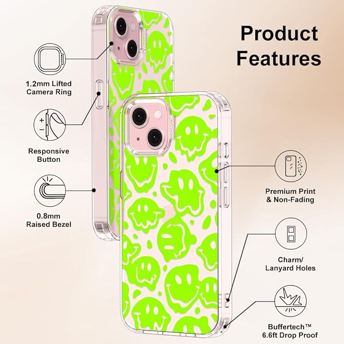 MOSNOVO Case for iPhone 15 Plus/iPhone 14 Plus, [Buffertech 6.6ft Military-Grade Drop Protection] [Anti Peel Off Tech] Clear TPU Bumper Phone Case Cover Design - Distorted Green Smiles Face
