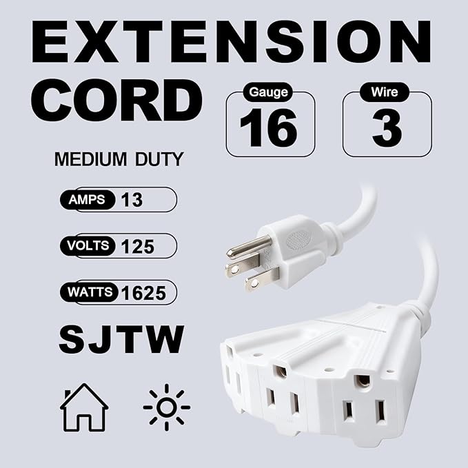 EP 2 Pack 10 Ft Outdoor Extension Cord with 3 Electrical Power Outlets - 16/3 SJTW White Cable with 3 Prong Grounded Plug for Safety Great for Christmas Lights, Garden and Major Appliances