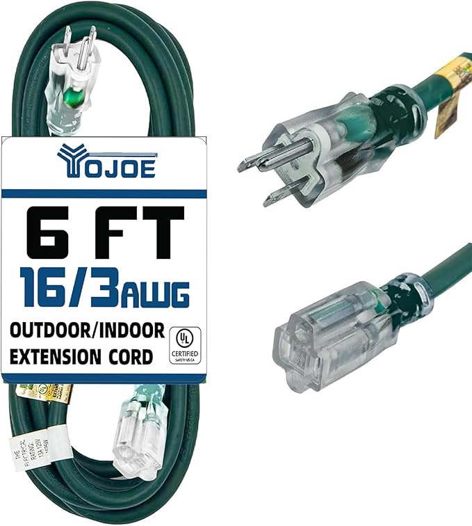YOJOE Indoor Outdoor Extension Cord with Lighted End, 3 Prong 13A Weatherproof Power Cord, 16 Gauge Heavy Duty 6 ft Green Extension Cord for Garage, Garden and Home, 16/3 SJTW UL Listed