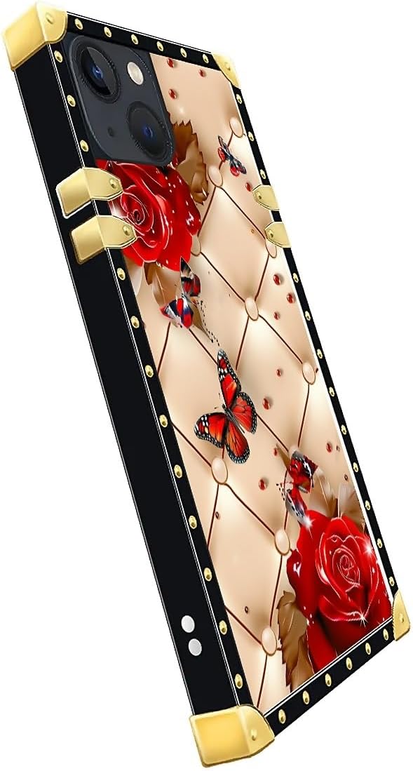 Compatible with iPhone 14 Case, Shining Red Rose Butterfly Leather Background Luxury Golden Decoration for Girl Women Soft TPU Shockproof Protective Hard PC Back for iPhone 14