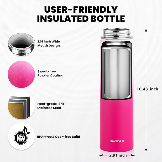 RAYMYLO Insulated Water Bottle 24oz, Triple Wall Vacuum Stainless Steel (Cold for 24Hrs, Hot for 12Hrs), Leak Proof & Non-BPA, 24oz Hydro Water Flask with Paracord Handle & Straw Spout Lids