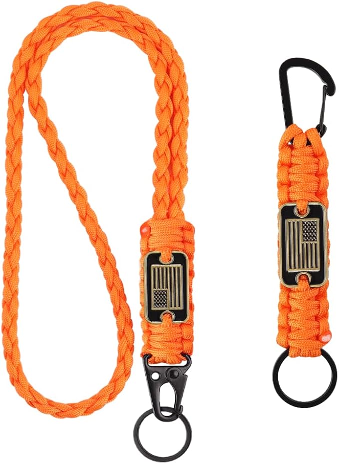 2pcs Heavy Duty Braided Paracord Lanyard Keychains with USA Flag, Parachute Rope Necklace for Outdoor Activities