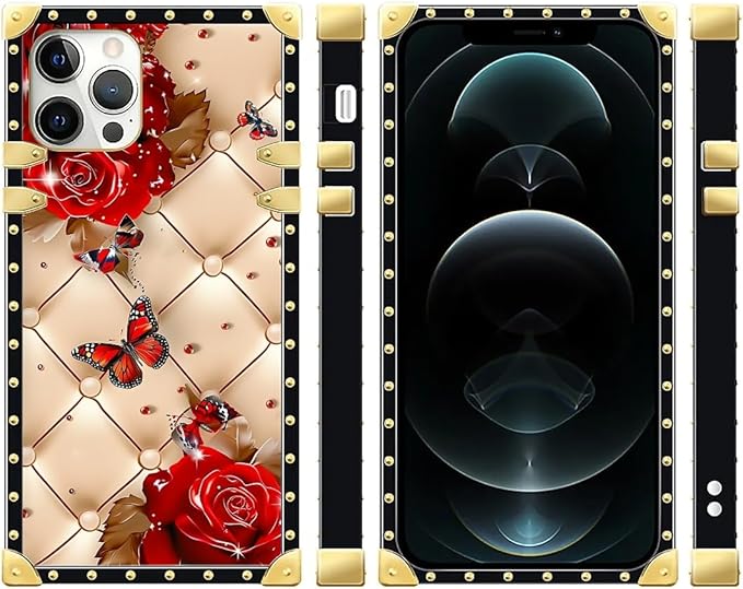 Compatible with iPhone 12 12 Pro Case, Shining Red Rose Butterfly Leather Background Luxury Golden Decoration for Girl Women Soft TPU Shockproof Protective Hard PC Back