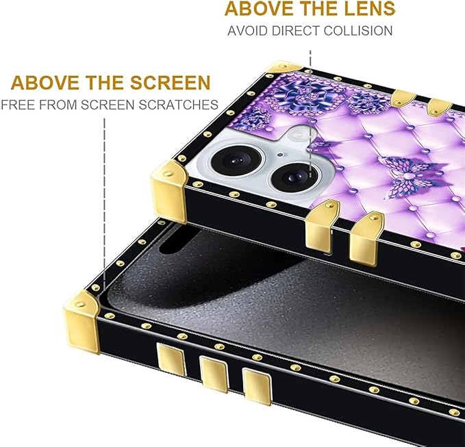 Compatible with iPhone 16 Case, Purple Butterfly Flowers Leaf Luxury Golden Decoration for Girl Women Soft TPU Shockproof Protective Hard PC Back