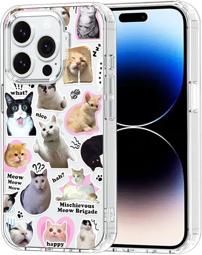 MOSNOVO Case for iPhone 14 Pro, [Buffertech 6.6ft Military-Grade Drop Protection] [Anti Peel Off Tech] Clear TPU Bumper Phone Case Cover Design - The Cat Brigade