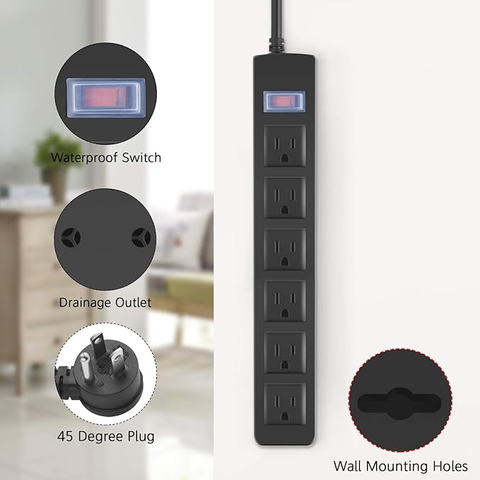 Outdoor Power Strip Waterproof with 6 Outlets, Garden Weatherproof Surge Protector, Christmas Multiple Outlet Exterior Socket for Lighting Appliances. 6FT Extension Cord Strip with Flat Plug. Black