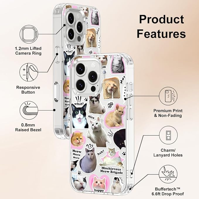 MOSNOVO Case for iPhone 16 Pro Max, [Buffertech 6.6ft Military-Grade Drop Protection] [Anti Peel Off Tech] Clear TPU Bumper Phone Case Cover Design - The Cat Brigade
