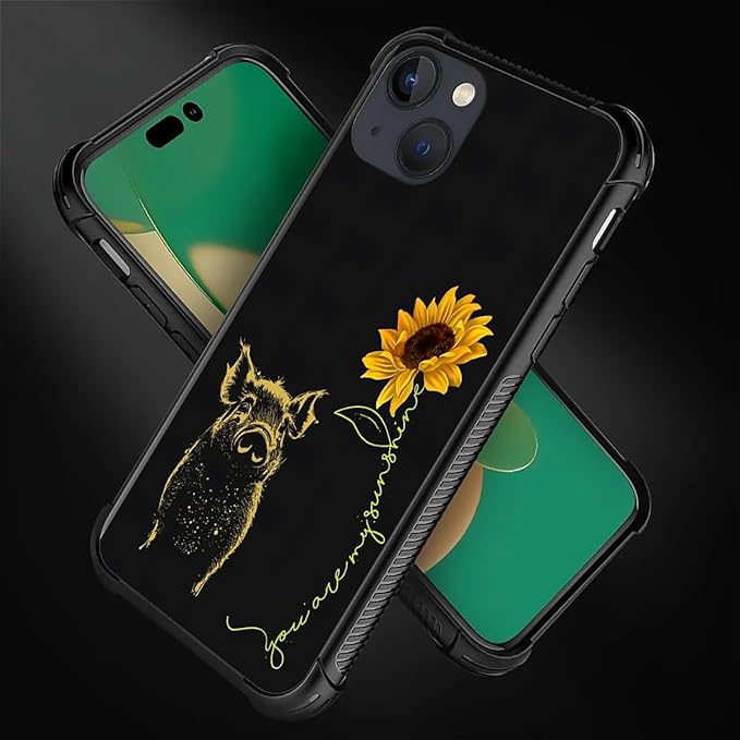 for iPhone 14 Case, Pig Sunflower Yellow Sunshine Pattern Graphic Design Girl Boy Soft Silicone Hard Acrylic Shock Protection for iPhone 14