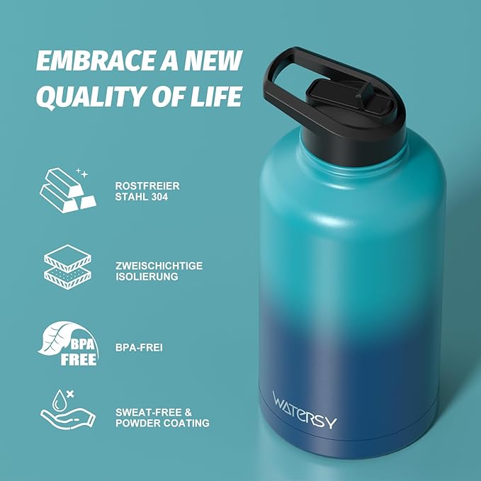 64oz Insulated Water Bottle (Cold for 48 Hrs),BPA Free&Leak Proof,Half Gallon Stainless Steel Water Flask,Water Jug with Straw Spout Lids for Gym,Hiking,Camping,Gradient Blue