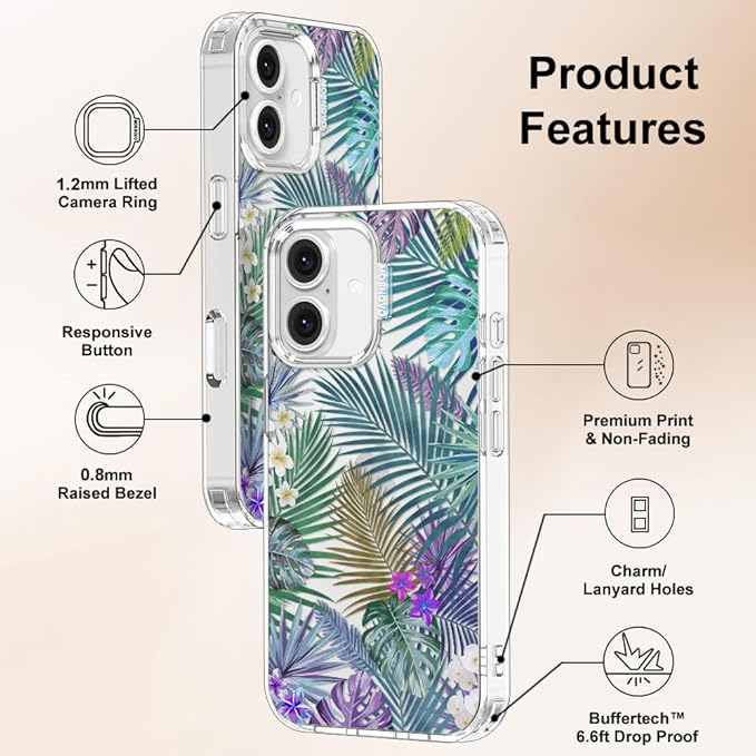 MOSNOVO Case for iPhone 16 Plus, [Buffertech 6.6ft Military-Grade Drop Protection] [Anti Peel Off Tech] Clear TPU Bumper Phone Case Cover Design - Tropical Rainforests
